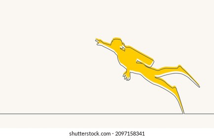 Diving sport concept. Thin line style silhouette of diver.