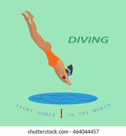 Diving sport . Diving on light green background. Vector flat illustration.