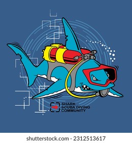 diving sport with shark cartoon, vector illustration.