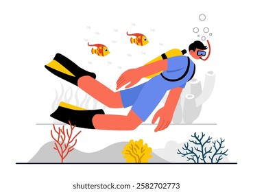 Diving Sport Vector Illustration Featuring Underwater Swimming Equipment for Exploring Coral Reefs, Sea Flora and Fauna, and Marine Life in the Ocean