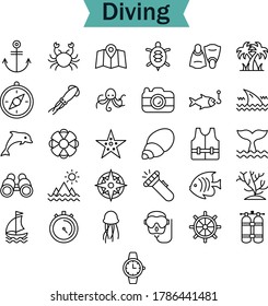 Diving stock line icon set, vector sketches, logo, icons illustrations, underwater signs linear pictograms package isolated on white background
