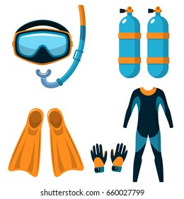 Diving stuff. Attributes for snorkeling. Mask, snorkel, oxygen cylinders, flippers, wetsuit and gloves. Flat illustration isolated on white.Vector eps 10.