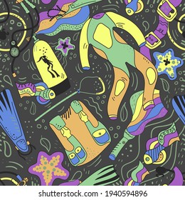 Diving stuff in vector illustration. Cartoon stile. Lettering. Funny text. Set with tank, suit, regulator, mask, light, bcd. Card, poster, print paper, textile design. Have a fun diving. Pattern. 