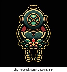 diving suit tattoo illustration design