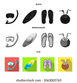 Diving, surfing, cocktail.Summer vacation set collection icons in black, flat, monochrome style vector symbol stock illustration web.