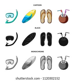 Diving, surfing, cocktail.Summer vacation set collection icons in cartoon,black,monochrome style vector symbol stock illustration web.