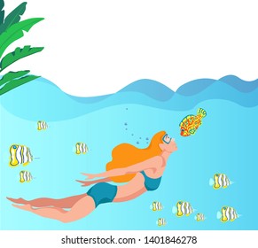 diving, swimming, girls ,fish, vector illustration underwater ,marine ,background