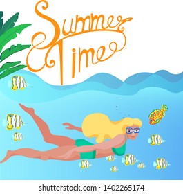 diving, swimming, girls ,fish, vector illustration underwater ,marine ,background