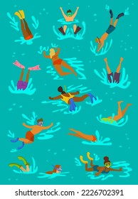 diving swimming jumping in water swim pool people, vector illustration fun summer art print