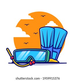 Diving tools with summer cartoon flat illustration. Summer in beach concept flat cartoon style.