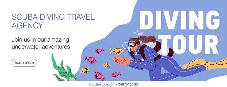 Tauchtour, Werbung Web Banner Design. Taucher mit Aqualung, Schnorchel, Online-Website Werbung, Werbe-Hintergrund für Unterwasserabenteuer, Unterwasserreisen. flache Vektorillustration