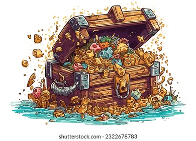 Submarinismo para cofre del tesoro con tesoro, aventura del mapa del tesoro pirata en una antigua ilustración vectorial sobre fondo blanco.