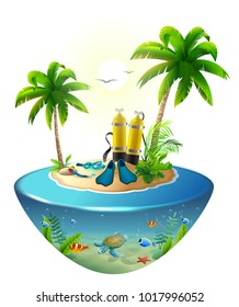 Diving in tropical sea off paradise island. Beach vacation, palm tree, diving mask, oxygen tank, fin, underwater world. Isolated on white vector cartoon illustration