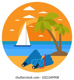 Diving in tropical sea of paradise island. Beach vacation, palm tree, diving mask, snorkel, yachting. Tropical sunset. Surf and beach. Summer concept. Sea leisure sport. Diving equipment