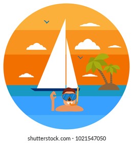 Diving in tropical sea of paradise island. Tropical sunset. Summer concept. Sea leisure sport. 