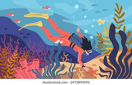 Diving under water. Girl in wetsuit dives, female scuba diver explores seabed, corals, sponges, fish, marine life. Ocean extreme sport cartoon flat isolated illustration, nowaday vector concept