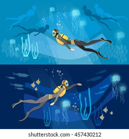 Diving underwater people, diver silhouettes against sunburst in the ocean. vector banners 