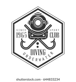 Diving underwater sport club since 1965 vintage logo. Black and white vector Illustration