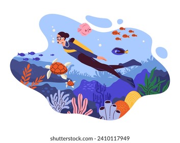 El concepto de mujer submarina. Muchacha con ropa de goma y globo de oxígeno nadando con peces y tortugas. Buceador con corales y arrecifes, buceo con tubo. Dibujo vectorial plano de dibujos animados