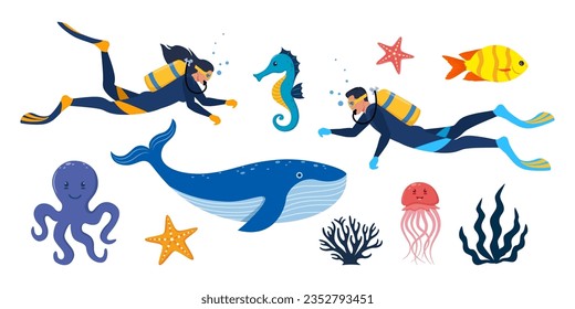 Diving and underwater world, set of elements. Divers with aqualung oxygen cylinders and flippers, marine life elements. Starfish, octopus, jellyfish, corals, algae. Vector illustration