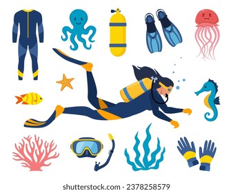 Diving and underwater world, set of elements. Diver with aqualung oxygen cylinders and flippers, mask, tube, marine life elements. Starfish, octopus, jellyfish, corals, algae. Vector illustration