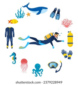 Diving and underwater world, set of elements. Diver with aqualung oxygen cylinders and flippers, mask, tube, marine life elements. Starfish, octopus, jellyfish, corals, algae. Vector illustration