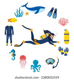 Diving and underwater world, set of elements. Diver with aqualung oxygen cylinders and flippers, mask, tube, marine life elements. Starfish, octopus, jellyfish, corals, algae. Vector illustration