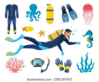 Diving and underwater world, set of elements. Diver with aqualung oxygen cylinders and flippers, mask, tube, marine life elements. Starfish, octopus, jellyfish, corals, algae. Vector illustration