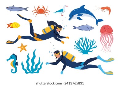 Diving and underwater world, set of elements. Diver with aqualung oxygen cylinders marine life elements. Starfish, octopus, jellyfish, corals, algae. Vector illustration