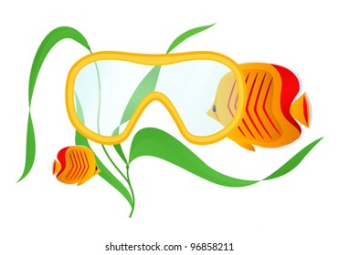 Diving. Vector illustration of swim mask, fish with seaweed on white background