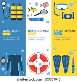 Diving Vertical Banner Flat Design Style. Vector Equipment Icon Set. Mask and Snorkel or Scuba, Flippers and Suit. Aqualang Tank Swimwear and other