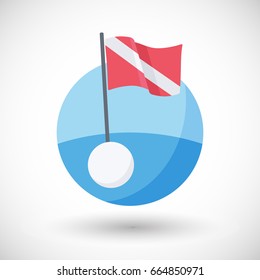 Diving warning flag vector flat icon, Flat design of sea with international flag and buoy with round shadow, vector illustration