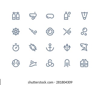 Diving and water activities icons. Line series