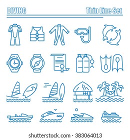Diving and water activities icons. Line series