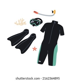 Diving wet suit, flippers, goggles mask, scuba tube for snorkeling. Wetsuit, jumpsuit for underwater swimming, foot fins, glasses. Divers wearing. Flat vector illustration isolated on white background