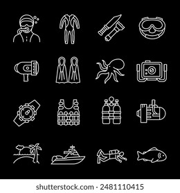 Diving, white line icons. Scuba diving, submersion, and tools for underwater research. marine and adventure themes. Symbols on black background. Editable stroke.