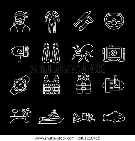 Diving, white line icons. Scuba diving, submersion, and tools for underwater research. marine and adventure themes. Symbols on black background. Editable stroke.