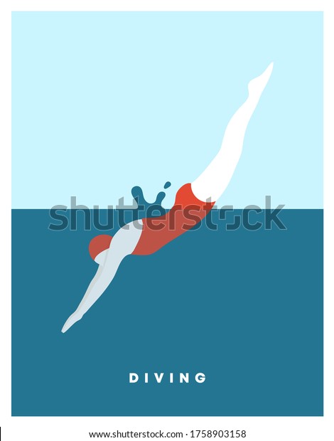Diving\
woman. Woman character dives. jumping into water a jump of a sporty\
woman into swimming pool. Female wearing  swimming suit jumping in\
water. Modern style. Vector flat\
illustration.