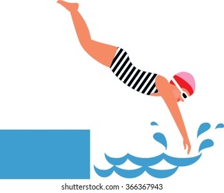 Diving woman. Female wearing black and white striped swimming suit jumping in water.  Vector illustration. 