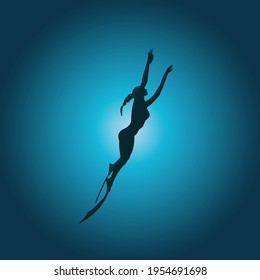 Diving woman silhouette. Illustration of diver silhouette under the water. Marine underwater life. Icon diver side view profile. The concept of scuba diving sport. Sea adventure. Water sport.