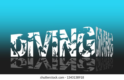 Diving word with silhouettes of diver. The concept of sport diving.