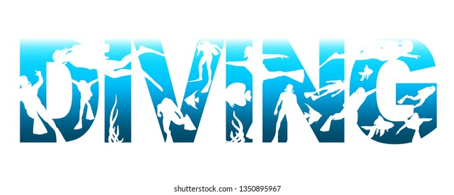 Diving word with silhouettes of diver. The concept of sport diving.