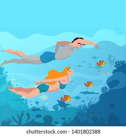 Diving,guy and girl,fish, vector illustration underwater ,marine ,background