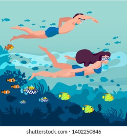 Diving,guy and girl,fish, vector illustration underwater ,marine ,background