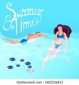 Diving,guy and girl,fish, vector illustration underwater ,marine ,background