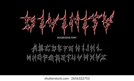 Divinidad, estilo agresivo de tipo de letra, tatuaje de sigilo cibernético y2k alfabeto, impresión de tipografía Dark Tribal Scary typeset diseño de Vector. cartel de grunge, deathcore música typeface