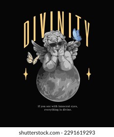 divinity slogan with baby angel statue in sunglasses on the moon vector illustration on black background