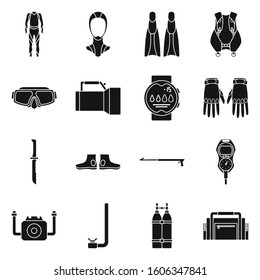 Divinq equipment vector black icon set.Vector isolated illustration diving.Icon set of equipment for scuba.
