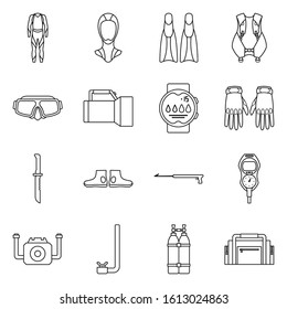 Divinq equipment vector outline icon set.Vector isolated illustration diving.Icon set of equipment for scuba.