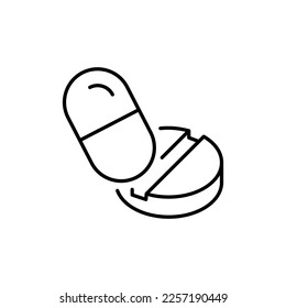 Divisible Tablet and Capsule Isolated Line Icon. Vector sign for applications, books, banners, adverts, sites, shops, stores